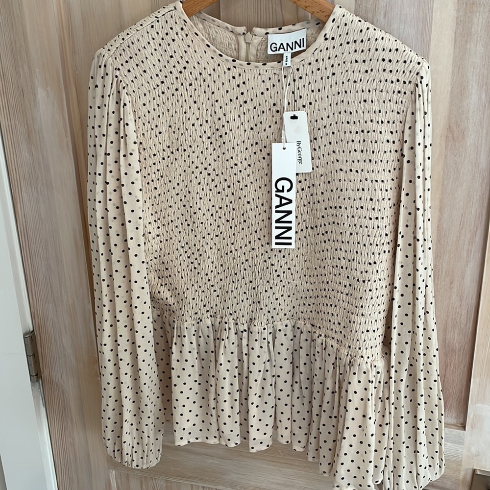 GANNI ruched polka dot blouse